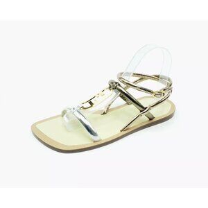Fendi O' Lock Gladiator Flat Sandals Argento Stagno Champagne Womens US 8.5